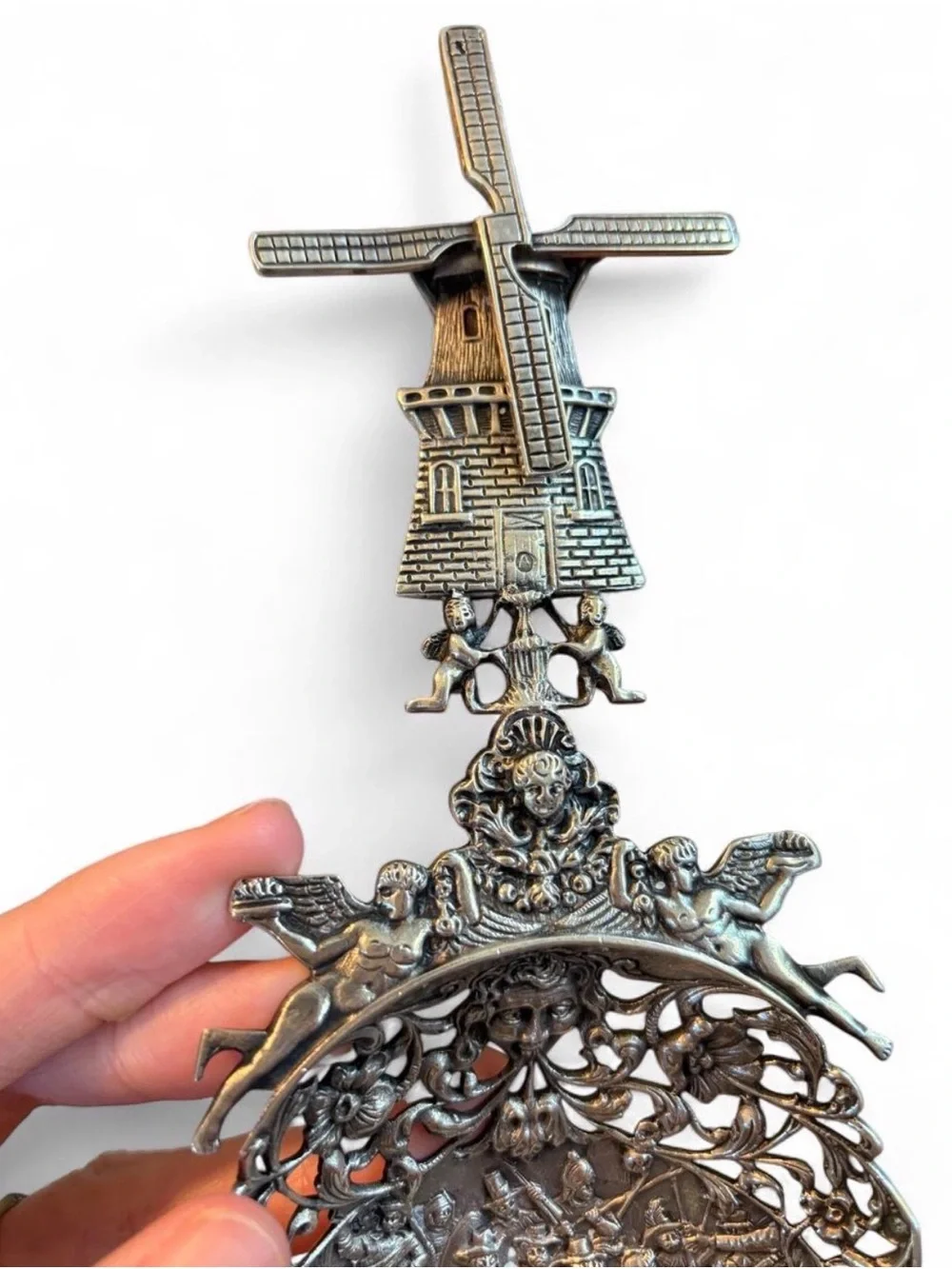 Large Dutch Silver Decorative Pierced Server Spoon with Rembrandts Night Watch